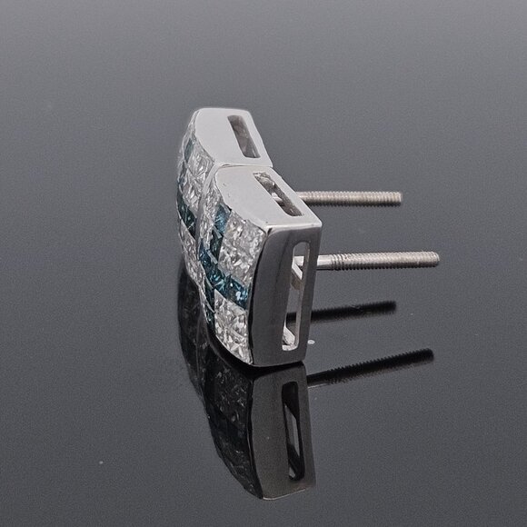 14K White Gold Blue Diamond Cross Princess Stud Earrings 1.50TCW 4.13 Grams - Picture 10 of 16